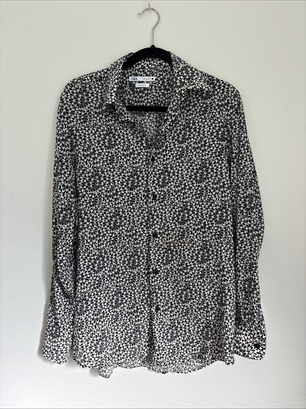 Zara Men Black & White Floral-Style Button Shirt long sleeve regular fit